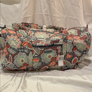 NWT Vera Bradley Gray and Coral Floral and Paisley XL Duffel Bag